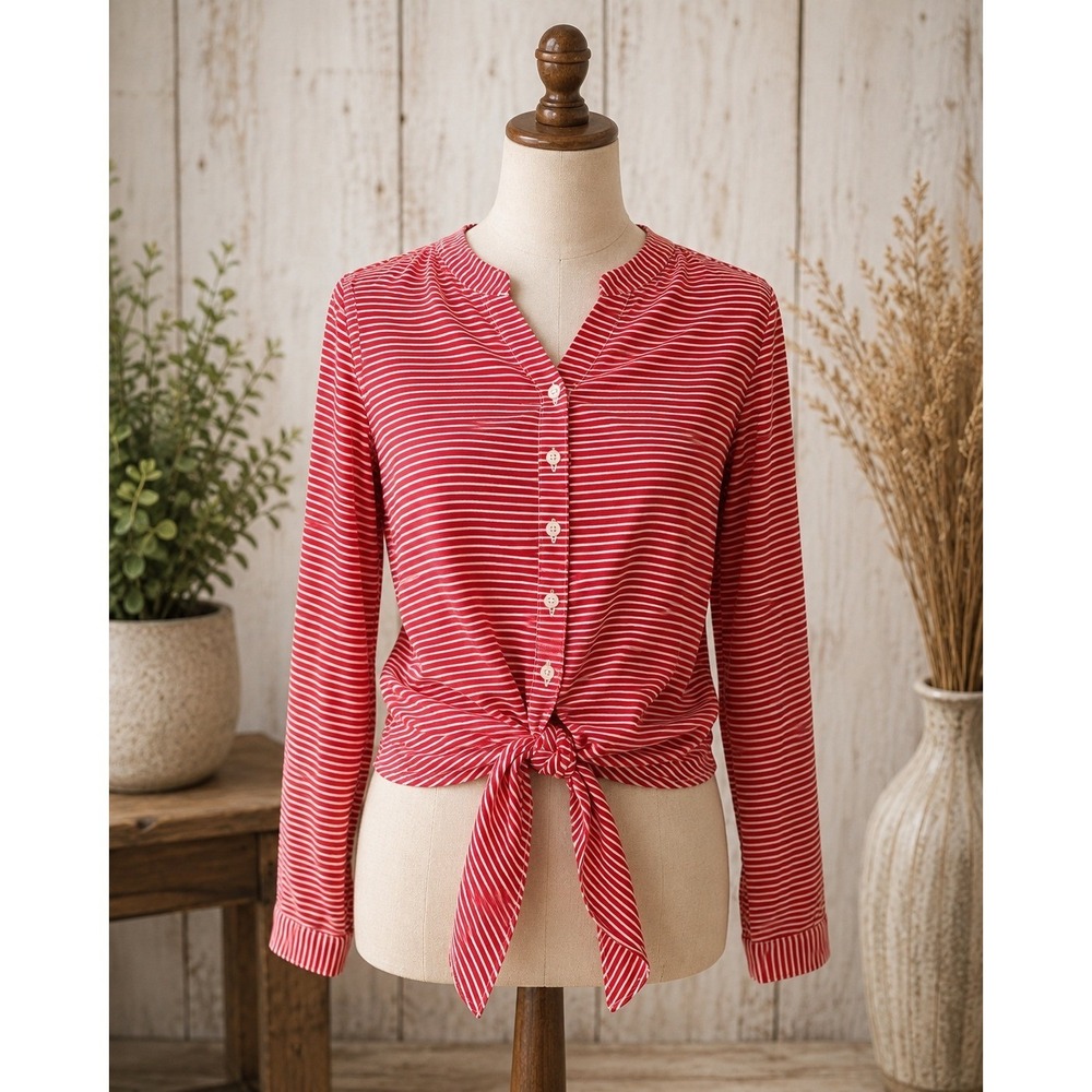 Talbots Petites Red White Striped Tie Front Button Down Blouse Top Size P